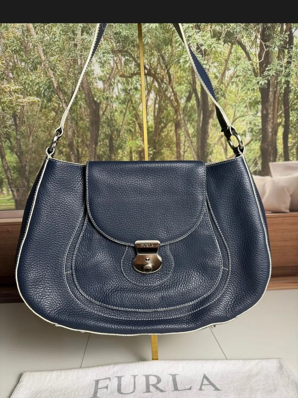 Furla vintage Navy Leather Turn Lock Hobo Shoulder Bag with Dust bag